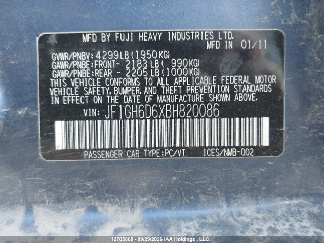 2011 Subaru Impreza მანქანა იყიდება აუქციონზე, vin: JF1GH6D6XBH820086, აუქციონის ნომერი: 12705868