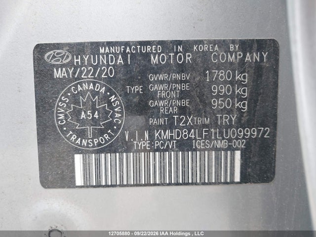 12705880 :رقم المزاد ، KMHD84LF1LU099972 vin ، 2020 Hyundai Elantra Preferred With Sun And Safety Package Auto Ivt مزاد بيع