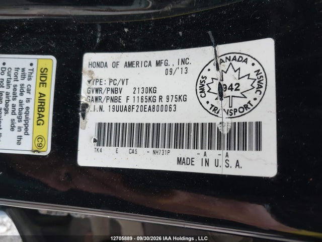 12705889 :رقم المزاد ، 19UUA8F20EA800063 vin ، 2014 Acura Tl مزاد بيع