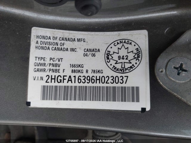 Продаж на аукціоні авто 2006 Honda Civic Dx Vp, vin: 2HGFA16396H023037, номер лоту: 12705897