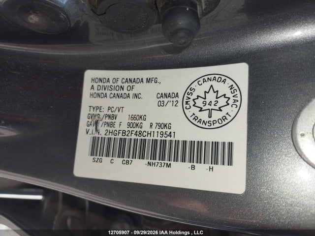 Продажа на аукционе авто 2012 Honda Civic Lx, vin: 2HGFB2F48CH119541, номер лота: 12705907