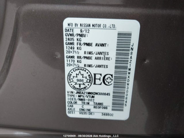 Aukcja sprzedaży 2013 Nissan Murano, vin: JN8AZ1MWXDW300845, numer aukcji: 12705909