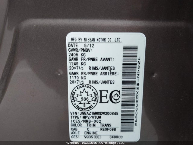 Aukcja sprzedaży 2013 Nissan Murano, vin: JN8AZ1MWXDW300845, numer aukcji: 12705909