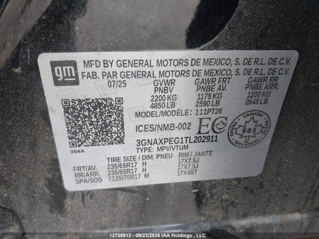 Aukcja sprzedaży 2026 Chevrolet Equinox Lt Awd, vin: 3GNAXPEG1TL202911, numer aukcji: 12705912