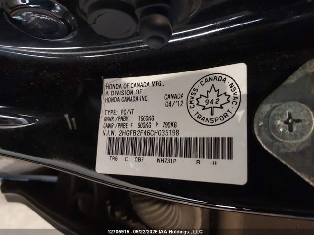 2012 Honda Civic Lx მანქანა იყიდება აუქციონზე, vin: 2HGFB2F46CH035198, აუქციონის ნომერი: 12705915