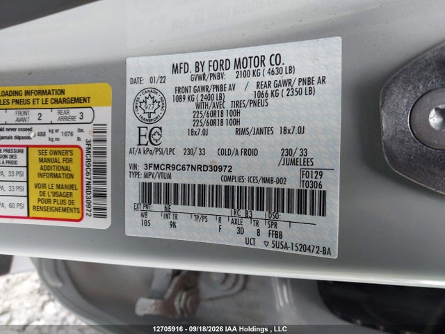 Aukcja sprzedaży 2022 Ford Bronco Sport Outer Banks, vin: 3FMCR9C67NRD30972, numer aukcji: 12705916