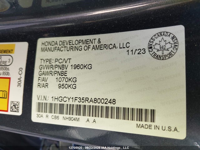 Aukcja sprzedaży 2024 Honda Accord Ex, vin: 1HGCY1F35RA800248, numer aukcji: 12705920