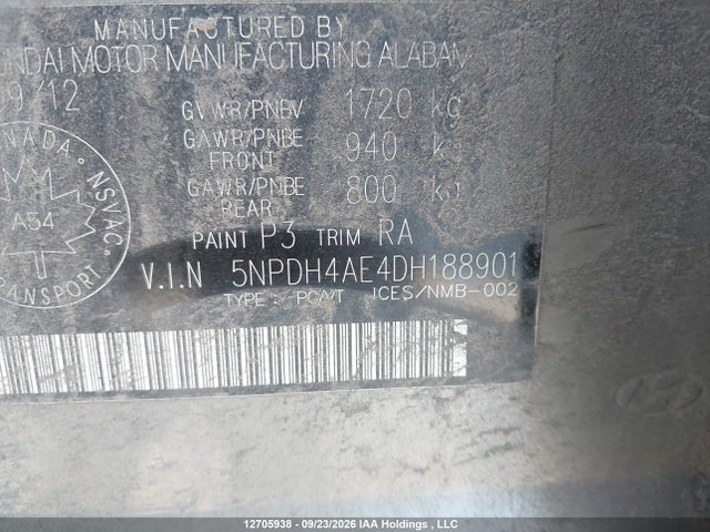 12705938 :رقم المزاد ، 5NPDH4AE4DH188901 vin ، 2013 Hyundai Elantra Gls مزاد بيع