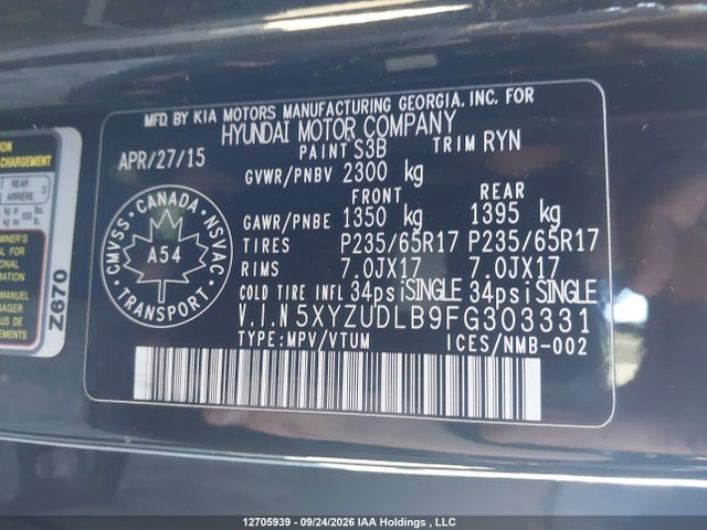 12705939 :رقم المزاد ، 5XYZUDLB9FG303331 vin ، 2015 Hyundai Santa Fe Sport مزاد بيع