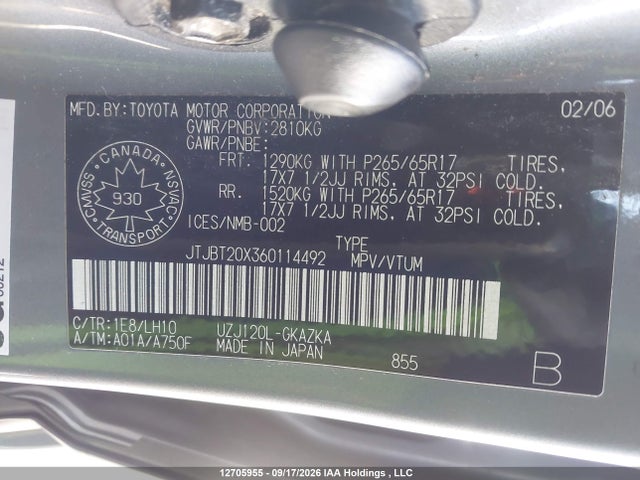 Aukcja sprzedaży 2006 Lexus Gx 470 470, vin: JTJBT20X360114492, numer aukcji: 12705955