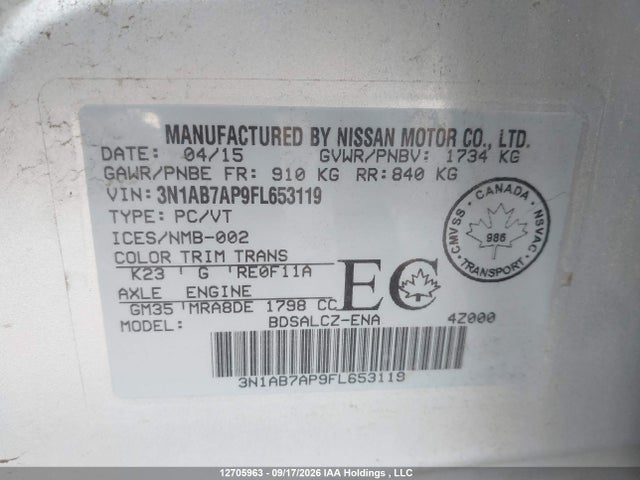 Aukcja sprzedaży 2015 Nissan Sentra 1.8 S/1.8 Sl/1.8 Sr/1.8 Sv, vin: 3N1AB7AP9FL653119, numer aukcji: 12705963
