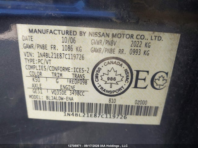 Продажа на аукционе авто 2007 Nissan Altima 3.5se/3.5sl, vin: 1N4BL21E87C119726, номер лота: 12705971