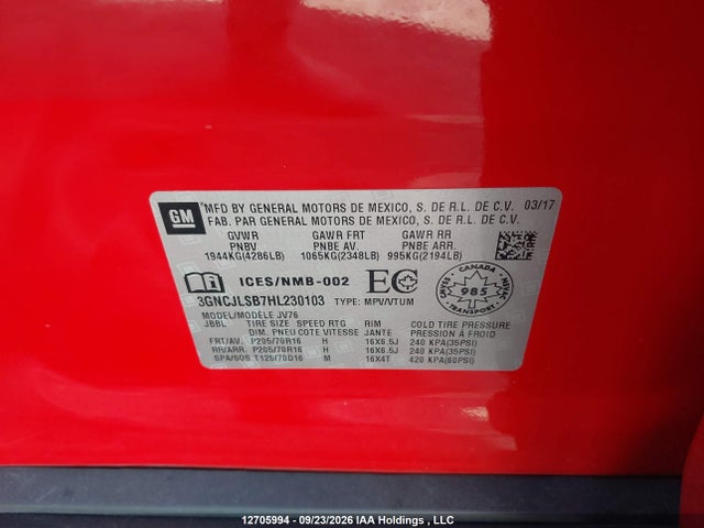 Aukcja sprzedaży 2017 Chevrolet Trax Lt, vin: 3GNCJLSB7HL230103, numer aukcji: 12705994