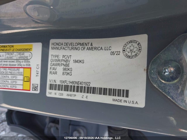 19XFL1H80NE401922 Honda Civic