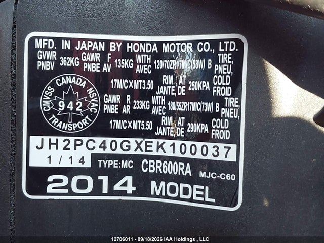 2014 Honda Cbr600 Rr-abs მანქანა იყიდება აუქციონზე, vin: JH2PC40GXEK100037, აუქციონის ნომერი: 12706011