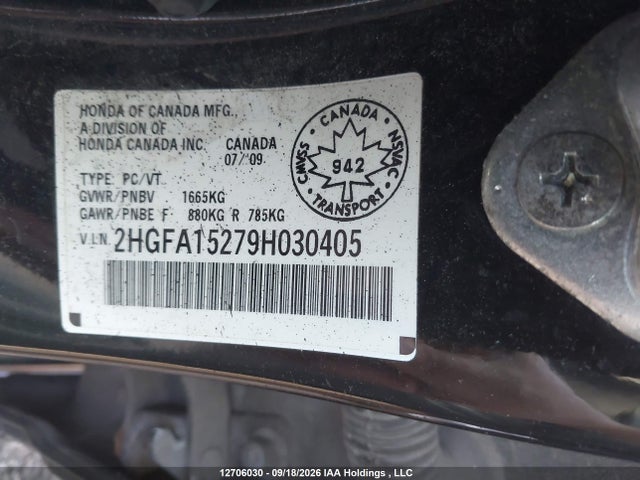 Aukcja sprzedaży 2009 Honda Civic, vin: 2HGFA15279H030405, numer aukcji: 12706030