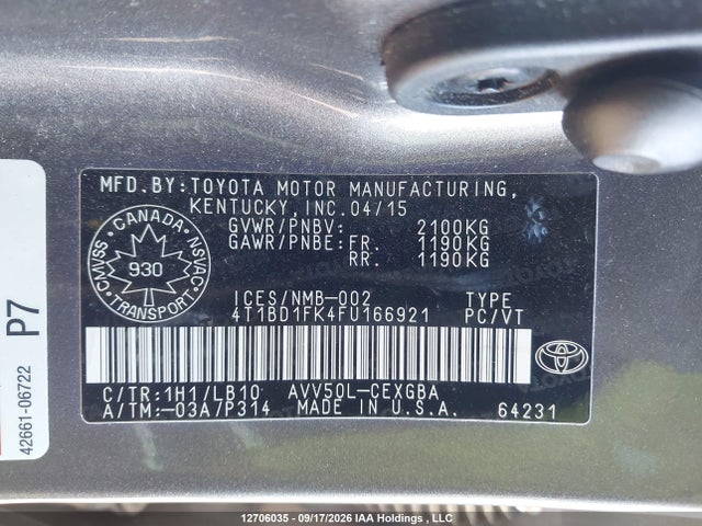 4T1BD1FK4FU166921 Toyota Camry Hybrid/le/xle/se