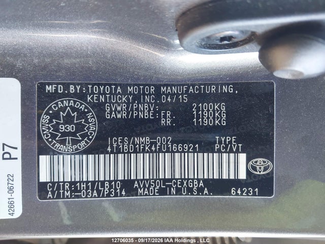 4T1BD1FK4FU166921 Toyota Camry Hybrid/le/xle/se