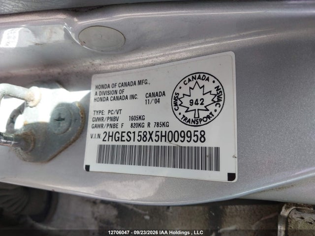 2005 Honda Civic Lx მანქანა იყიდება აუქციონზე, vin: 2HGES158X5H009958, აუქციონის ნომერი: 12706047