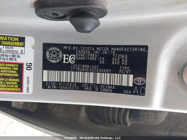 2T1BURHE6GC690693 Toyota Corolla L/le/le Pls/prm/s/s Pls