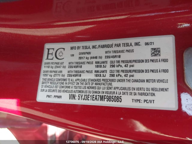 5YJ3E1EA7MF985085 Tesla Model 3 Standard Range/standard Range Plus