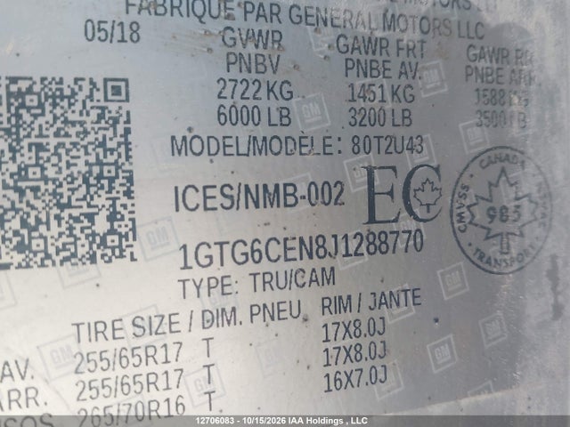 Продаж на аукціоні авто 2018 Gmc Canyon Sle, vin: 1GTG6CEN8J1288770, номер лоту: 12706083
