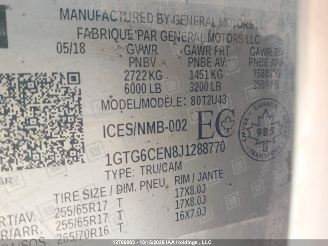Продаж на аукціоні авто 2018 Gmc Canyon Sle, vin: 1GTG6CEN8J1288770, номер лоту: 12706083
