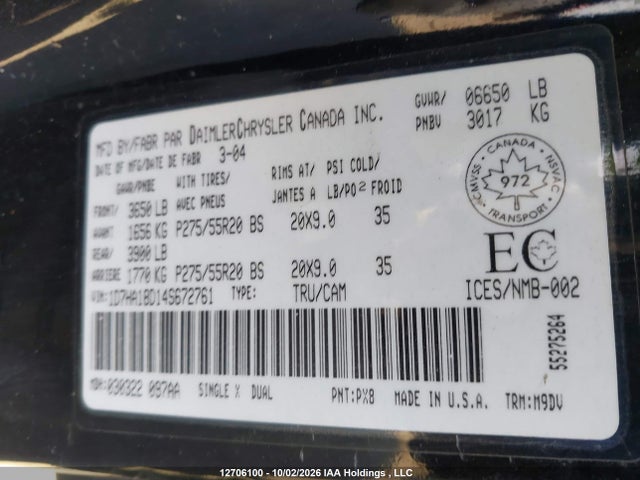 12706100 :رقم المزاد ، 1D7HA18D14S672761 vin ، 2004 Dodge Ram 1500 St/slt مزاد بيع