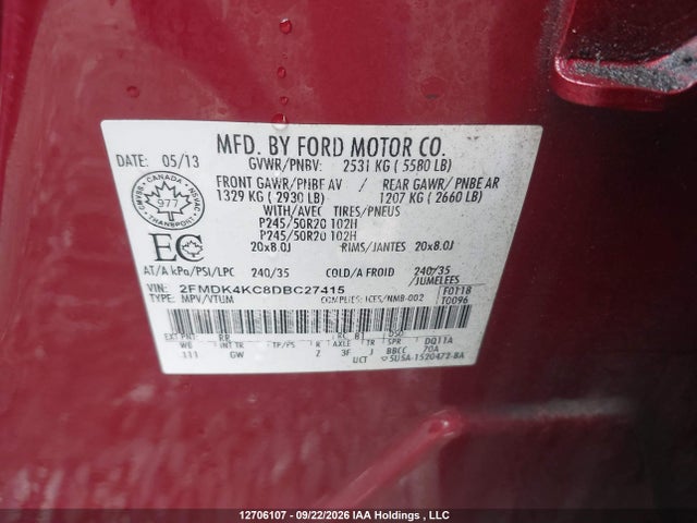 Продажа на аукционе авто 2013 Ford Edge Limited, vin: 2FMDK4KC8DBC27415, номер лота: 12706107