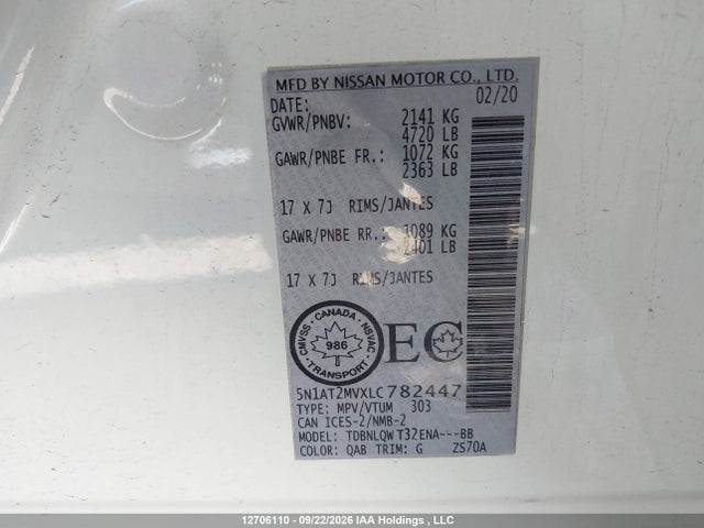 5N1AT2MVXLC782447 Nissan Rogue S/sl/sv