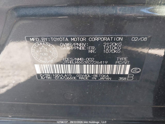 Aukcja sprzedaży 2008 Lexus Es 350 350, vin: JTHBJ46G382226419, numer aukcji: 12706137