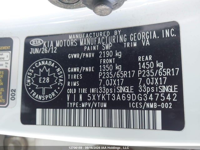 Продажа на аукционе авто 2013 Kia Sorento Lx, vin: 5XYKT3A69DG347542, номер лота: 12706159