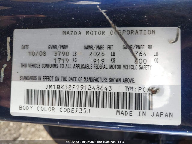 Продажа на аукционе авто 2009 Mazda Mazda3 Gs/gx, vin: JM1BK32F191248643, номер лота: 12706173