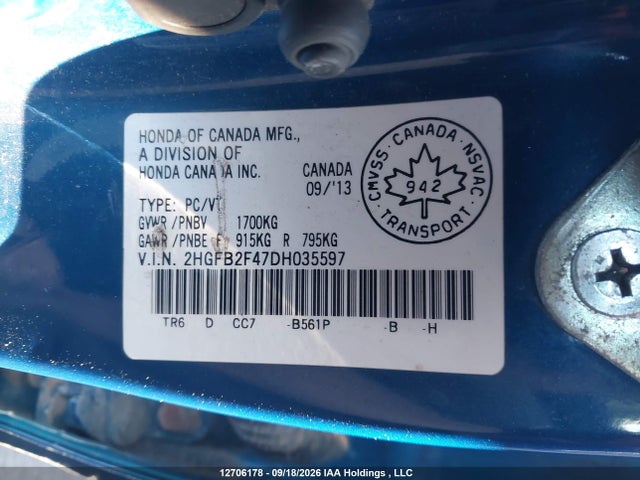 Продажа на аукционе авто 2013 Honda Civic Lx, vin: 2HGFB2F47DH035597, номер лота: 12706178