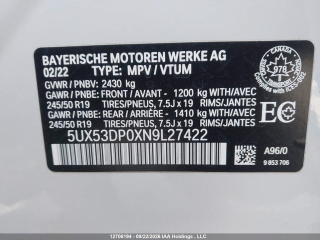 5UX53DP0XN9L27422 BMW X3 Xdrive30i