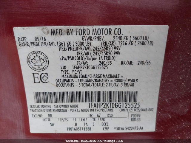 Aukcja sprzedaży 2016 Ford Taurus Sho, vin: 1FAHP2KT0GG125525, numer aukcji: 12706196