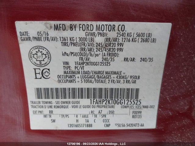 Aukcja sprzedaży 2016 Ford Taurus Sho, vin: 1FAHP2KT0GG125525, numer aukcji: 12706196