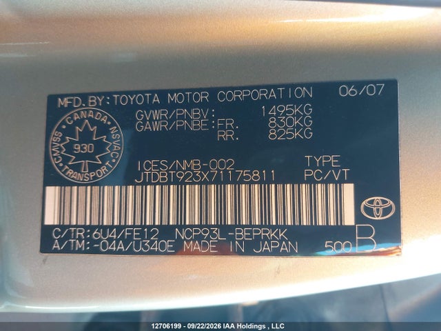 12706199 :رقم المزاد ، JTDBT923X71175811 vin ، 2007 Toyota Yaris مزاد بيع
