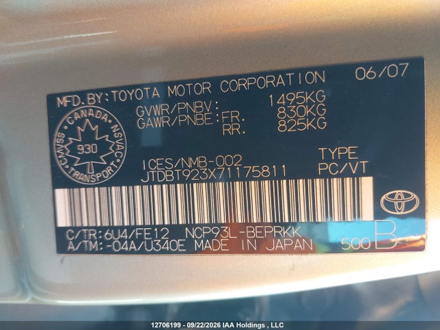 12706199 :رقم المزاد ، JTDBT923X71175811 vin ، 2007 Toyota Yaris مزاد بيع