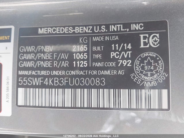 12706202 :رقم المزاد ، 55SWF4KB3FU030083 vin ، 2015 Mercedes-benz C 300 4matic مزاد بيع