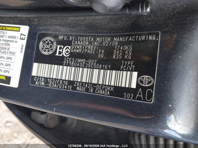 Aukcja sprzedaży 2009 Toyota Corolla S/le/xle, vin: 2T1BU40E39C008161, numer aukcji: 12706206