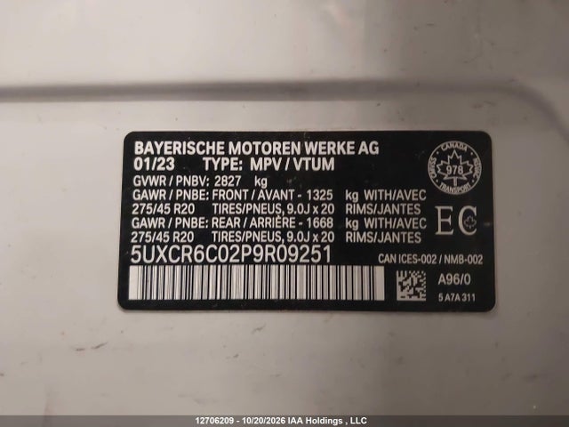 12706209 :رقم المزاد ، 5UXCR6C02P9R09251 vin ، 2023 Bmw X5 Xdrive40i مزاد بيع