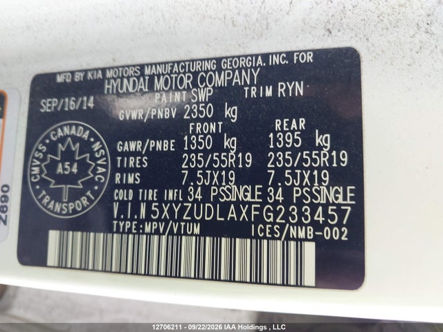 Продаж на аукціоні авто 2015 Hyundai Santa Fe Sport 2.0t Se, vin: 5XYZUDLAXFG233457, номер лоту: 12706211
