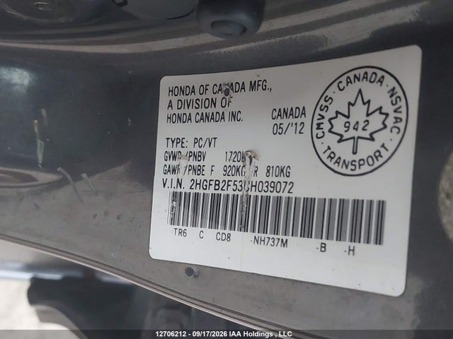 Aukcja sprzedaży 2012 Honda Civic Ex, vin: 2HGFB2F53CH039072, numer aukcji: 12706212