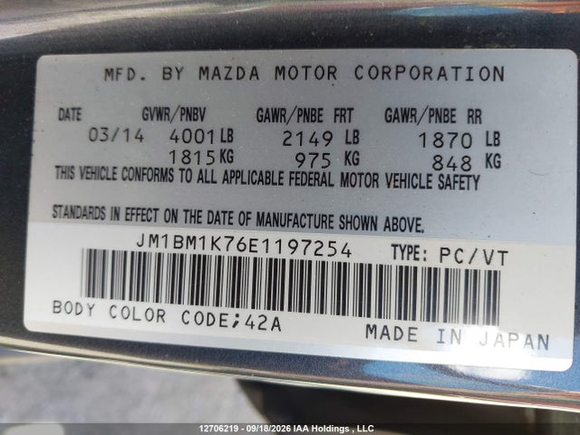 Aukcja sprzedaży 2014 Mazda Mazda3 Gx-sky, vin: JM1BM1K76E1197254, numer aukcji: 12706219