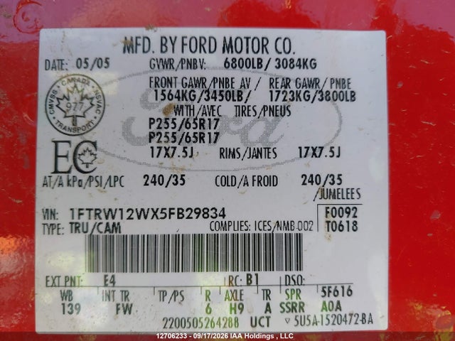 2005 Ford F150 Supercrew მანქანა იყიდება აუქციონზე, vin: 1FTRW12WX5FB29834, აუქციონის ნომერი: 12706233
