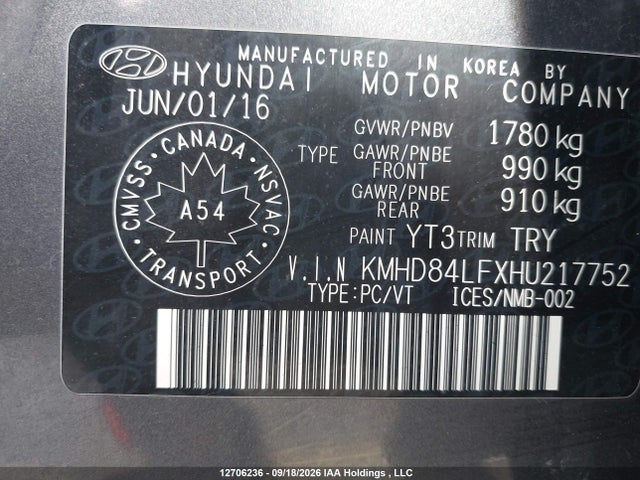 KMHD84LFXHU217752 Hyundai Elantra Gls