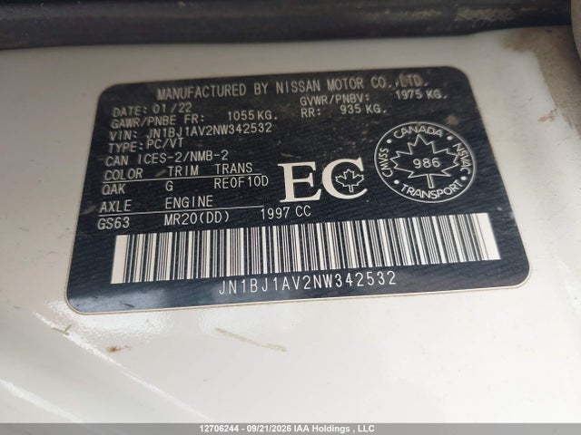 Продажа на аукционе авто 2022 Nissan Qashqai S, vin: JN1BJ1AV2NW342532, номер лота: 12706244