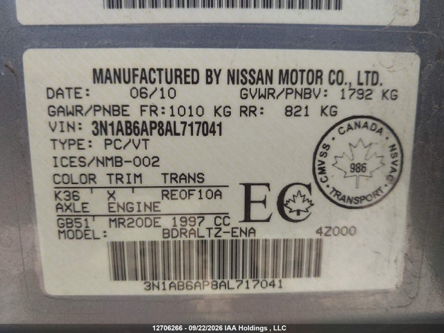 Продаж на аукціоні авто 2010 Nissan Sentra 2.0/2.0s/sr/2.0sl, vin: 3N1AB6AP8AL717041, номер лоту: 12706266