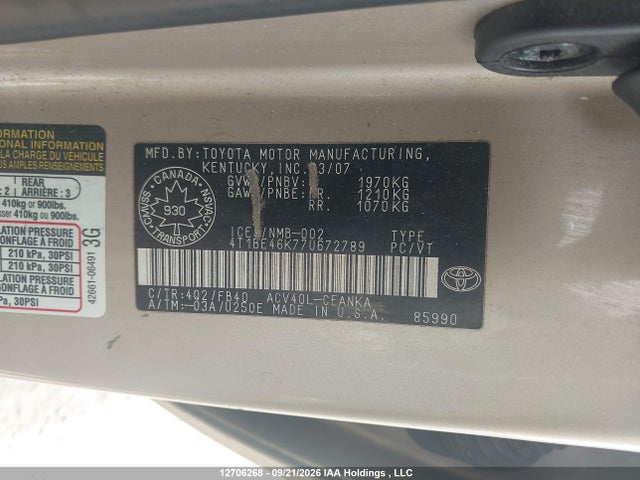 Aukcja sprzedaży 2007 Toyota Camry Ce/le/xle/se, vin: 4T1BE46K77U672789, numer aukcji: 12706268